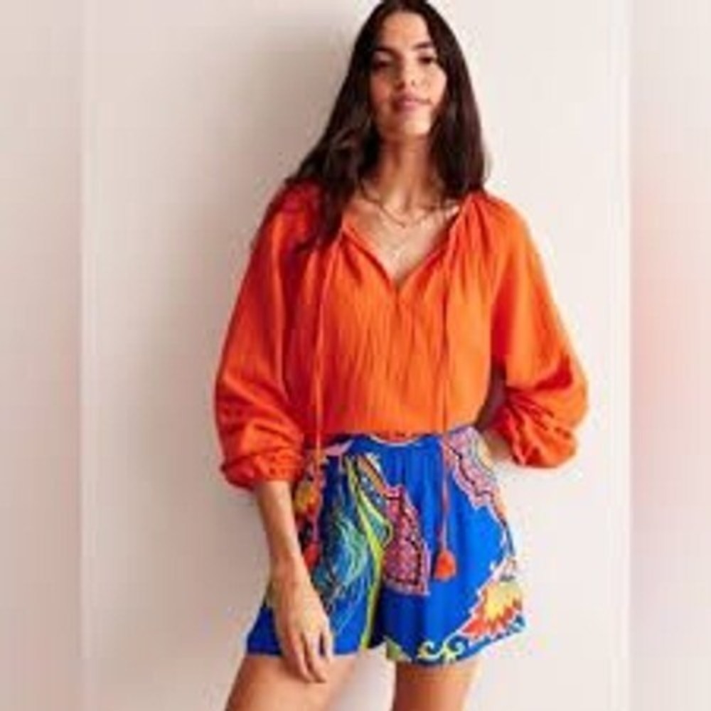 Boden Serena Tie Neck Gauze Top Long Sleeve Orange Lightweight Flowy Boho Size 8